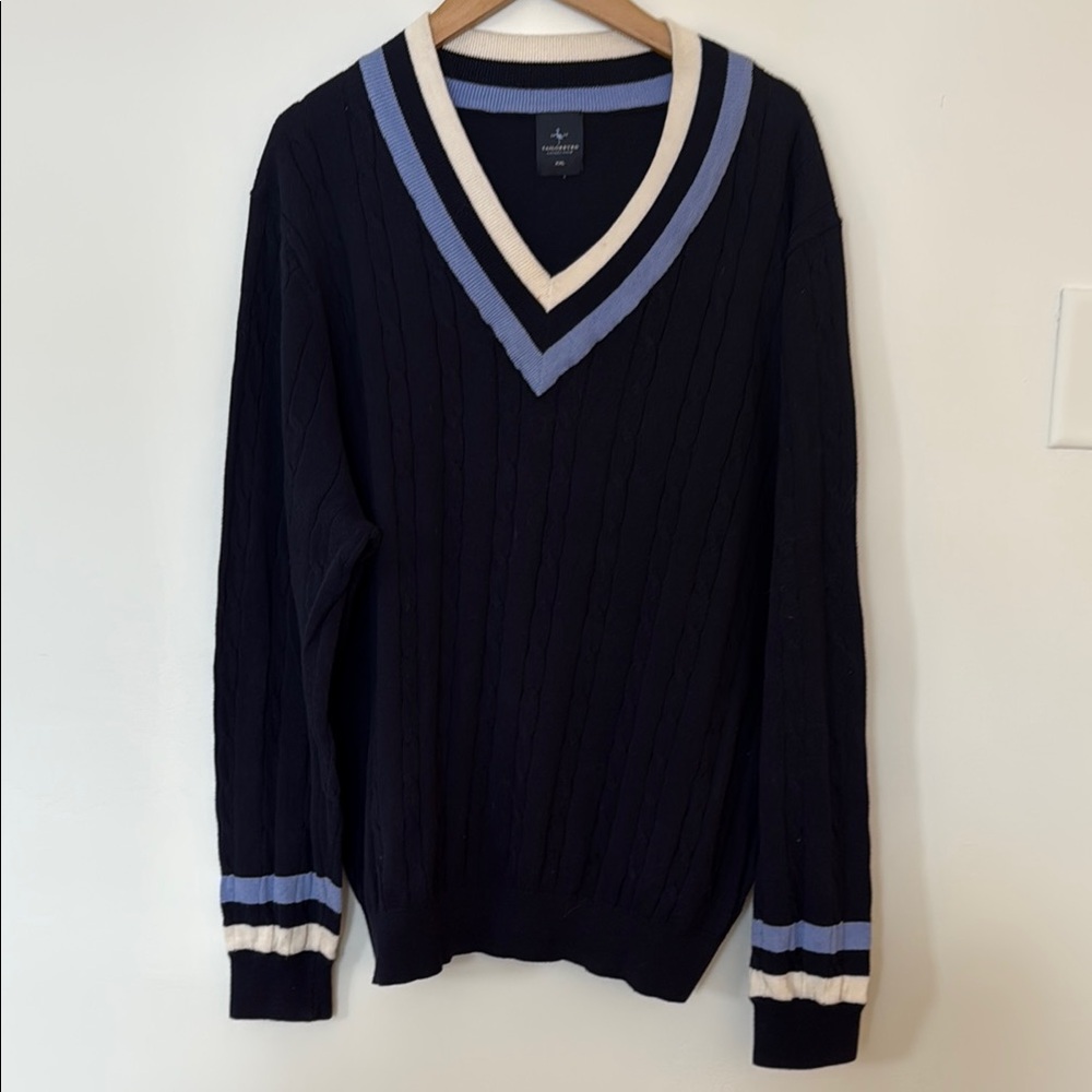 Men's Preppy B Neck Sweater - Taylor Byrd Navy with Blue and White Accents